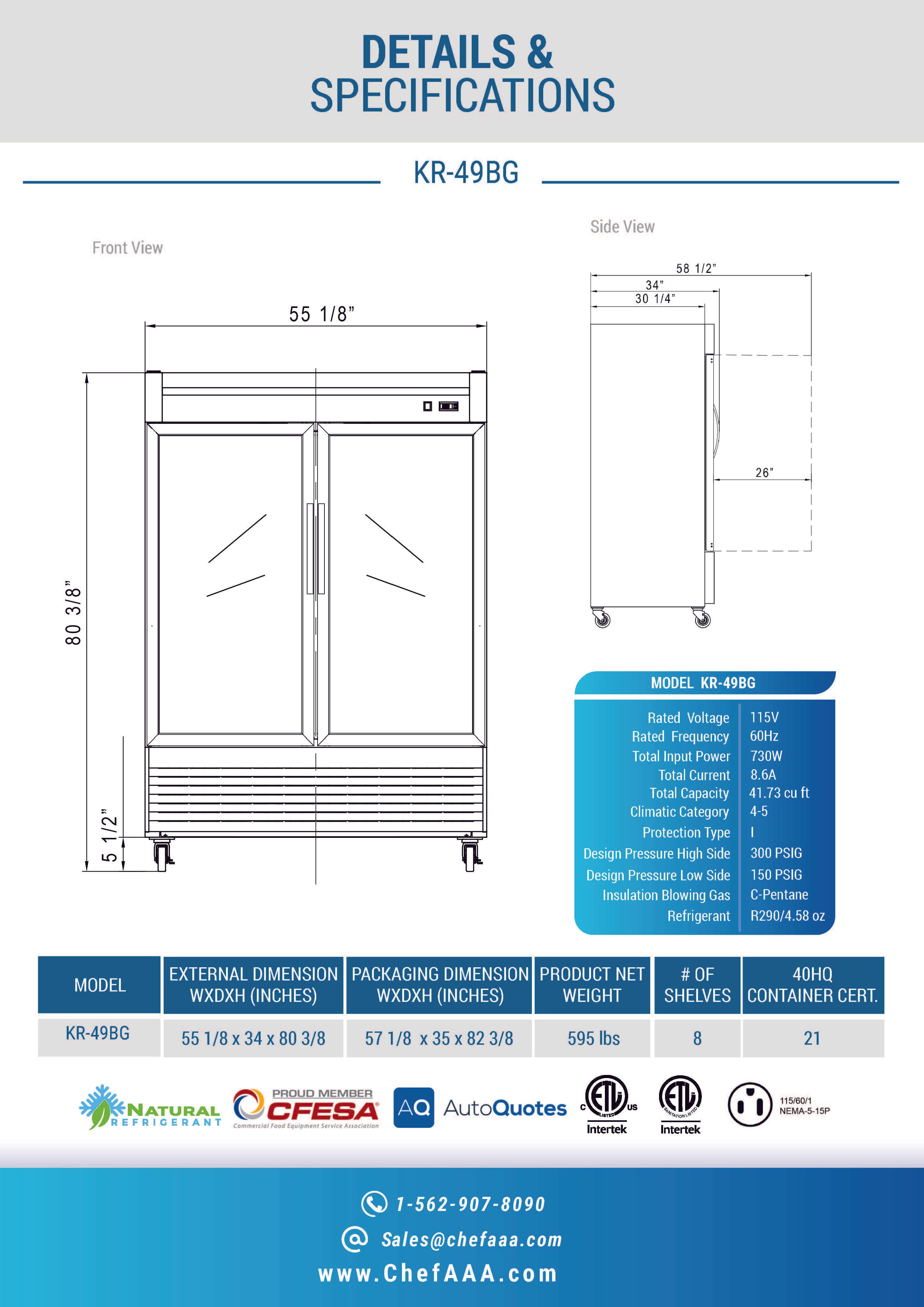 Chef AAA - TR-49BG 55" 2 Glass Door Reach-in refrigerator 40.72cu.ft NSF