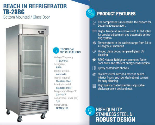 Chef AAA - TR-23BG 27" 1 Glass Door Reach-in Refrigerator 17.7 cu. ft.